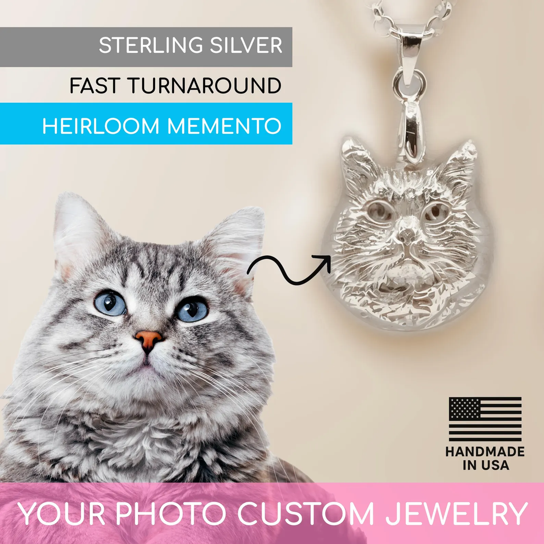 Silver cat pendant next to a real cat with text about custom jewelry.